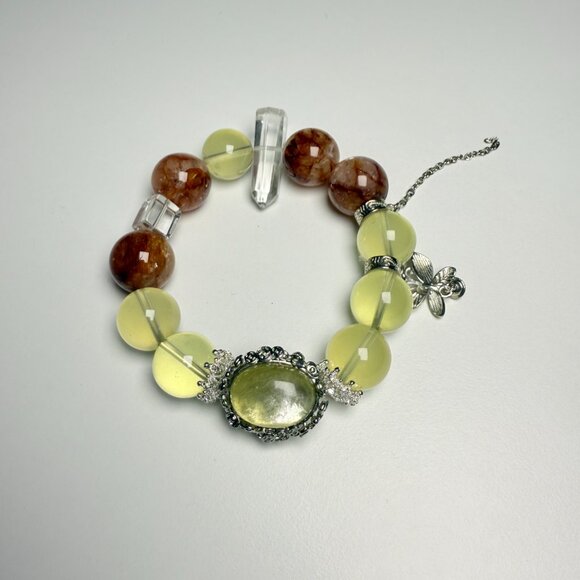 Bold 15mm honey-tone gemstone bracelet featuring Yellow Phantom, Cherry Quartz, - Picture 7 of 10